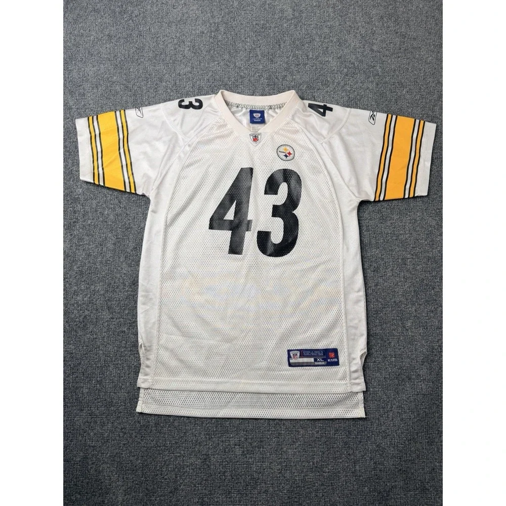 Boys NFL Reebok Steelers Polamalu #43 On Field Jersey White, Size XL 18-20 Years